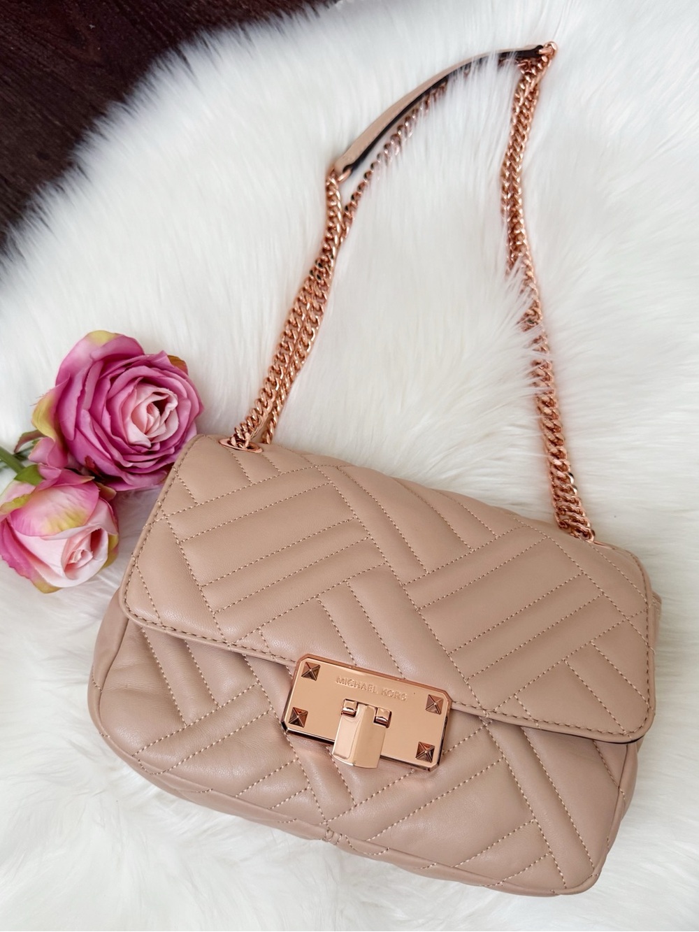 Michael Kors Quilted Blush Shoulder Bag with Rose Gold Chain